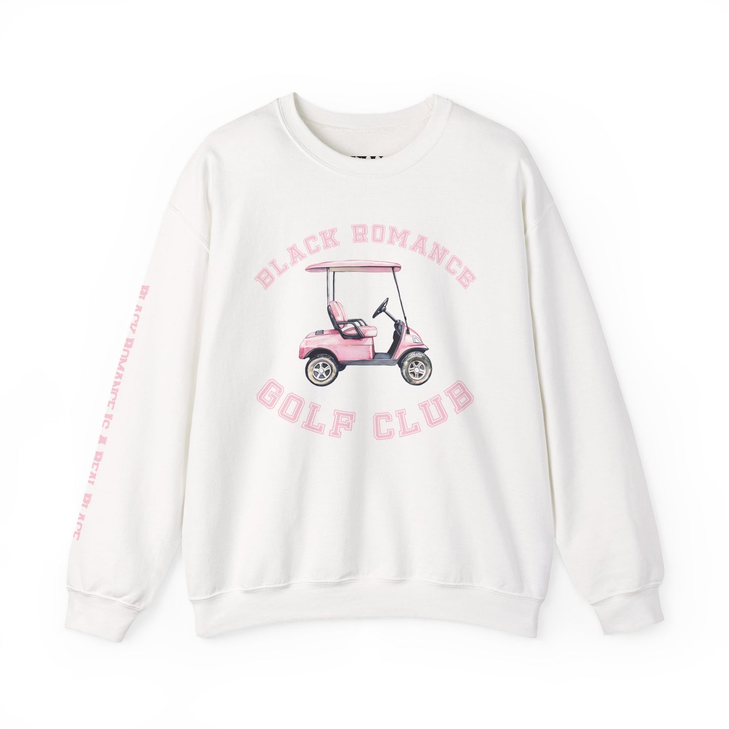 Crewneck Sweatshirt — "Black Romance Golf Club" Pink Golf Cart Graphic