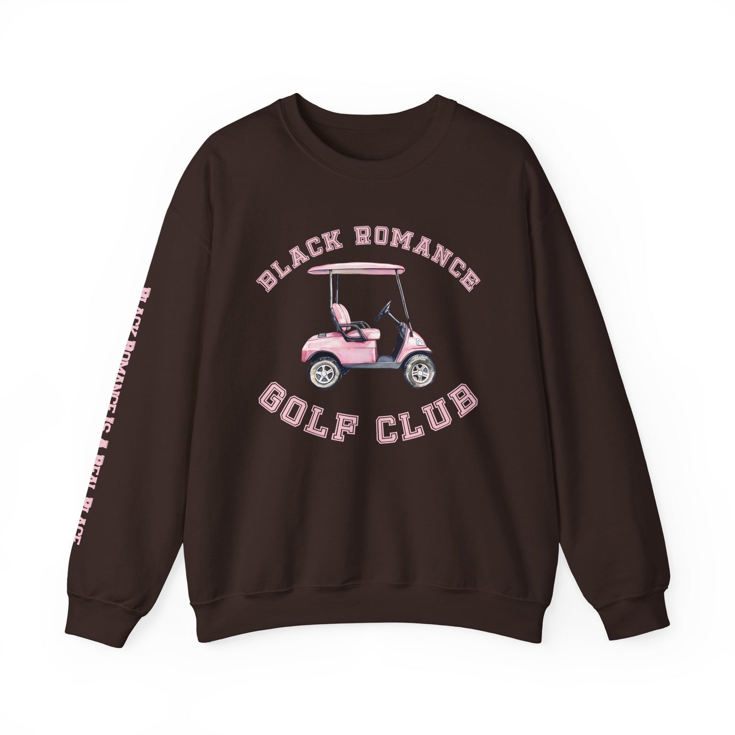 Crewneck Sweatshirt — "Black Romance Golf Club" Pink Golf Cart Graphic
